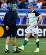 22 September 2019; Ireland head coach Joe Schmidt with Keith Earls during the warm-up prior to the 2019 Rugby World Cup Pool A match between Ireland and Scotland at the International Stadium in Yokohama, Japan. Photo by Brendan Moran/Sportsfile