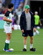 22 September 2019; Ireland head coach Joe Schmidt with Joey Carbery during the warm-up prior to the 2019 Rugby World Cup Pool A match between Ireland and Scotland at the International Stadium in Yokohama, Japan. Photo by Brendan Moran/Sportsfile