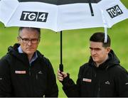 22 September 2019; Jarleth Burns and Mark Harte part of the TG4 coverage team before the Fermanagh County Senior Club Football Championship Final match between Derrygonnelly Harps and Roslea Shamrocks at Brewster Park in Enniskillen, Fermanagh. Photo by Oliver McVeigh/Sportsfile