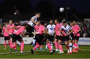 23 September 2019; Seán Hoare of Dundalk head his side's first goal during the SSE Airtricity League Premier Division match between Dundalk and Shamrock Rovers at Oriel Park in Dundalk, Co Louth. Photo by Stephen McCarthy/Sportsfile