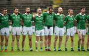 22 September 2019; The Roslea Shamrocks standing for the anthem before the Fermanagh County Senior Club Football Championship Final match between Derrygonnelly Harps and Roslea Shamrocks at Brewster Park in Enniskillen, Fermanagh. Photo by Oliver McVeigh/Sportsfile