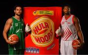 18 September 2019; Daniel Vila of Moycullen, left, and Darren Townes of Griffith College Templeogue pictured at the 2019/2020 Basketball Ireland Season Launch and Hula Hoops National Cup draw at the National Basketball Arena in Tallaght, Dublin. Photo by David Fitzgerald/Sportsfile