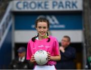 15 September 2019; Niamh McMorrow, from Trim, Co Meath, presents the match ball ahead of the TG4 All-Ireland Ladies Football Senior Championship Final match between Dublin and Galway at Croke Park in Dublin. Photo by Ramsey Cardy/Sportsfile