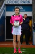 15 September 2019; Niamh McMorrow, from Trim, Co Meath, presents the match ball ahead of the TG4 All-Ireland Ladies Football Senior Championship Final match between Dublin and Galway at Croke Park in Dublin. Photo by Ramsey Cardy/Sportsfile