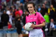 15 September 2019; Niamh McMorrow, from Trim, Co Meath, presents the match ball ahead of the TG4 All-Ireland Ladies Football Senior Championship Final match between Dublin and Galway at Croke Park in Dublin. Photo by Ramsey Cardy/Sportsfile