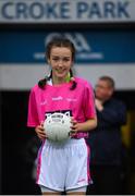 15 September 2019; Niamh McMorrow, from Trim, Co Meath, presents the match ball ahead of the TG4 All-Ireland Ladies Football Senior Championship Final match between Dublin and Galway at Croke Park in Dublin. Photo by Ramsey Cardy/Sportsfile