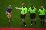 15 September 2019; Ciara Trant of Dublin shares a joke with referee Brendan Rice ahead of the TG4 All-Ireland Ladies Football Senior Championship Final match between Dublin and Galway at Croke Park in Dublin. Photo by Ramsey Cardy/Sportsfile