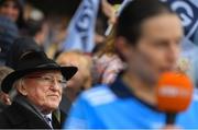 15 September 2019; President of Ireland Michael D Higgins listens to the speech by Dublin winning captain Sinéad Aherne during the TG4 All-Ireland Ladies Football Senior Championship Final match between Dublin and Galway at Croke Park in Dublin. Photo by Ramsey Cardy/Sportsfile