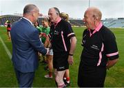 6 July 2019; Liam McDonagh, President of the Connacht Council, LGFA, meets Referee John Niland prior to the 2019 TG4 Connacht Ladies Senior Football Final replay between Galway and Mayo at the LIT Gaelic Grounds in Limerick. Photo by Brendan Moran/Sportsfile