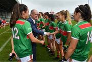 6 July 2019; Liam McDonagh, President of the Connacht Council, LGFA, meets Sarah Rowe of Mayo prior to the 2019 TG4 Connacht Ladies Senior Football Final replay between Galway and Mayo at the LIT Gaelic Grounds in Limerick. Photo by Brendan Moran/Sportsfile