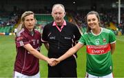 6 July 2019; Referee John Niland with team captains Tracey Leonard of Galway, left, and Niamh Kelly of Mayo during the 2019 TG4 Connacht Ladies Senior Football Final replay between Galway and Mayo at the LIT Gaelic Grounds in Limerick. Photo by Brendan Moran/Sportsfile
