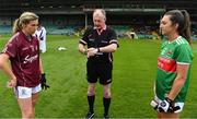 6 July 2019; Referee John Niland with team captains Tracey Leonard of Galway, left, and Niamh Kelly of Mayo during the 2019 TG4 Connacht Ladies Senior Football Final replay between Galway and Mayo at the LIT Gaelic Grounds in Limerick. Photo by Brendan Moran/Sportsfile