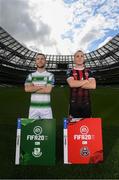 25 September 2019; Jack Byrne of Shamrock Rovers, left, and Derek Pender of Bohemians in attendance during the FIFA20 League of Ireland Cover Launch at the Aviva Stadium in Dublin. SSE Airtricity League FIFA 20 Club Packs are back.  Featuring the individual club crest of all 10 Premier Division teams, these exclusive sleeves will be available to download from https://www.ea.com/en-gb/games/fifa/fifa-20 when the game launches this Friday, 27th September! Photo by Stephen McCarthy/Sportsfile