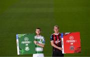 25 September 2019; Jack Byrne of Shamrock Rovers, left, and Derek Pender of Bohemians in attendance during the FIFA20 League of Ireland Cover Launch at the Aviva Stadium in Dublin. SSE Airtricity League FIFA 20 Club Packs are back.  Featuring the individual club crest of all 10 Premier Division teams, these exclusive sleeves will be available to download from https://www.ea.com/en-gb/games/fifa/fifa-20 when the game launches this Friday, 27th September! Photo by Stephen McCarthy/Sportsfile