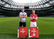 25 September 2019; Brian Gartland of Dundalk and David Cawley of Sligo Rovers in attendance during the FIFA20 League of Ireland Cover Launch at the Aviva Stadium in Dublin. SSE Airtricity League FIFA 20 Club Packs are back.  Featuring the individual club crest of all 10 Premier Division teams, these exclusive sleeves will be available to download from https://www.ea.com/en-gb/games/fifa/fifa-20 when the game launches this Friday, 27th September! Photo by Stephen McCarthy/Sportsfile