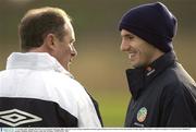 15 November 2003; Manager Brian Kerr in conversation with Liam Miller, who took no part, during a Republic of Ireland squad training session in advance of the International Friendly, Republic of Ireland v Canada, to be played at Lansdowne Road. Malahide FC grounds, Malahide, Dublin. Picture credit; Ray McManus / SPORTSFILE *EDI*