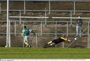 15 November 2003; Mickey McVeigh, Ulster goalkeeper, saves a penalty from Leinster's Tadhg Fennin. M Donnelly Interprovincial Senior Football Semi-Final, Leinster v Ulster, Brewster Park, Enniskillen, Co. Fermanagh. Picture credit; Damien Eagers / SPORTSFILE *EDI*