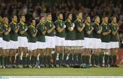 8 November 2003; The South African team stand for their national anthem before the game. 2003 Rugby World Cup, Quarter Final, New Zealand v South Africa, Telstra Dome, Melbourne, Victoria, Australia. Picture credit; Brendan Moran / SPORTSFILE *EDI*