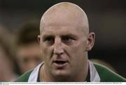 9 November 2003; Ireland captain Keith Wood leaves the field for the last time after defeat by France. 2003 Rugby World Cup, Quarter Final, France v Ireland, Telstra Dome, Melbourne, Victoria, Australia. Picture credit; Brendan Moran / SPORTSFILE *EDI*