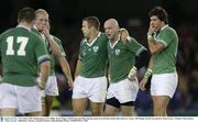 9 November 2003; Ireland players Eric Miller, Kevin Maggs, Keith Wood and Shane Horgan pictured at the final whistle after defeat by France. 2003 Rugby World Cup, Quarter Final, France v Ireland, Telstra Dome, Melbourne, Victoria, Australia. Picture credit; Brendan Moran / SPORTSFILE *EDI*