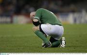9 November 2003; Ireland captain Keith Wood takes a moment to himself in the last minute of the game. 2003 Rugby World Cup, Quarter Final, France v Ireland, Telstra Dome, Melbourne, Victoria, Australia. Picture credit; Brendan Moran / SPORTSFILE *EDI*