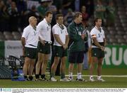 9 November 2003; Members of the Ireland rugby team's backroom staff, from left, Shaun Gilmore, team masseuse, Ailbe McCormack, team physiotherapist, Dr Gary O'Driscoll, team doctor, Paddy &quot; Rala &quot; O'Reilly, Baggage Master and Michael McGurn, Fitness coach. 2003 Rugby World Cup, Quarter Final, France v Ireland, Telstra Dome, Melbourne, Victoria, Australia. Picture credit; Brendan Moran / SPORTSFILE *EDI*
