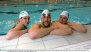 17 November 2003; Ireland will host its first major international swimming event next month when the 2003 European Short Course Swimming Championships are staged at the National Aquatic Centre, Abbotstown, Dublin from December 11th to 14th. The Championships, hosted by Swim Ireland were secured with the support of Failte Ireland's International Sports Tourism Initiative. Pictured at a photocall in advance of the Championships are members of the Irish team, from left, Melanie Nocher, Muiris O'Riada and Claire Hogan. Picture credit; Brendan Moran / SPORTSFILE *EDI*
