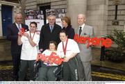 17 November 2003; Pictured at the launch of the Legacy Programme of the 2003 Special Olympics World Games called The Special Olympics Network, sponsored by Bank of Ireland, are Special Olympics Athletes Paddy Ellis, Lisa Mc Nabb and Laura Jane Dunne, Mike Soden, Group CEO, Bank of Ireland, left, An Taoiseach, Bertie Ahern T.D., Mary Davis, CEO, 2003 SOWG, and Cyril Freaney, right, Chairman, Special Olympics Ireland. Picture credit; Ray McManus / SPORTSFILE *EDI*