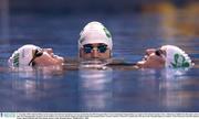 17 November 2003; Ireland will host its first major international swimming event next month when the 2003 European Short Course Swimming Championships are staged at the National Aquatic Centre, Abbotstown, Dublin from December 11th to 14th. The Championships, hosted by Swim Ireland were secured with the support of Failte Ireland's International Sports Tourism Initiative. Pictured at a photocall in advance of the Championships are members of the Irish team, from left, Melanie Nocher, Muiris O'Riada and Claire Hogan. Picture credit; Brendan Moran / SPORTSFILE *EDI*