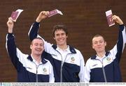 20 November 2003; Members of the Republic of Ireland U20 International Squad are Stephen Elliott, left, Paddy McCarthy and Willo Flood, right, before a reception hosted by the FAI, in association with eircom, prior to the departure of the Squad for the World Cup Championship in the United Arab Emirates. Picture credit; Damien Eagers / SPORTSFILE *EDI*