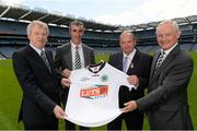 19 June 2013; Ard Stiúrthóir of the GAA Páraic Duffy, Jim McGuinness, Donegal football manager and Celtic performance consultant, Uachtarán Chumann Lúthchleas Gael Liam Ó Néill and Ian Bankier, Chairman of Celtic FC, in attendance at the launch of 'Let's Go - Lead Through Sport' Youth Development Pilot Camps. Croke Park, Dublin. Picture credit: David Maher / SPORTSFILE