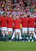 22 June 2013; British & Irish Lions players, from left, Geoff Parling, Jonathan Sexton, Brian O'Driscoll, Jamie Heaslip and Dan Lydiate during the Australian National Anthem. British & Irish Lions Tour 2013, 1st Test, Australia v British & Irish Lions, Suncorp Stadium, Brisbane, Queensland, Australia. Picture credit: Stephen McCarthy / SPORTSFILE