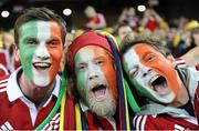 22 June 2013; British & Irish Lions supporters, from left, Eoin Landers, from Cappoquin, Waterford, Conor Byrne, from Glanmire, Cork, and Harman Murtagh, from Athlone, Co. Westmeath, at the game. British & Irish Lions Tour 2013, 1st Test, Australia v British & Irish Lions, Suncorp Stadium, Brisbane, Queensland, Australia. Picture credit: Stephen McCarthy / SPORTSFILE