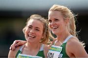 22 June 2013; Ireland 4x100m team members Niamh Whelan, left, and Ailis McSweeney after their heat during the European Athletics Team Championships 1st League. Morton Stadium, Santry, Co. Dublin. Picture credit: Brendan Moran / SPORTSFILE