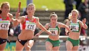 22 June 2013; Ireland's Niamh Whelan receives the baton from team-mate Ailis McSweeney in their heat of the Women's 4x100m during the European Athletics Team Championships 1st League. Morton Stadium, Santry, Co. Dublin. Picture credit: Brendan Moran / SPORTSFILE