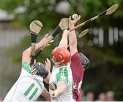 22 June 2013; Alan McGrath, Westmeath, takes a catch above Jonathan Maher and Luke Hands, London. GAA Hurling All-Ireland Senior Championship Preliminary Round, London v Westmeath, Emerald Park, Ruislip, London, England. Picture credit: Oliver McVeigh / SPORTSFILE