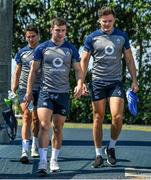 26 September 2019; Joey Carbery, left, Luke McGrath, centre, and Jacob Stockdale arrive for Ireland Rugby squad training at the Yumeria Sports Grounds in Iwata, Shizuoka Prefecture, Japan. Photo by Brendan Moran/Sportsfile