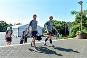 26 September 2019; Keith Earls, right, and team physio Colm Fuller arrive for Ireland Rugby squad training at the Yumeria Sports Grounds in Iwata, Shizuoka Prefecture, Japan. Photo by Brendan Moran/Sportsfile