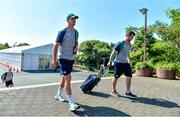 26 September 2019; Jonathan Sexton, left, and GPS Analyst Pearse O'Doherty arrive for Ireland Rugby squad training at the Yumeria Sports Grounds in Iwata, Shizuoka Prefecture, Japan. Photo by Brendan Moran/Sportsfile