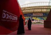 26 September 2019; Women dressed in Burqas inspect the Khalifa International Stadium ahead of the World Athletics Championships 2019 in Doha, Qatar. Photo by Sam Barnes/Sportsfile