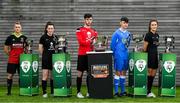 26 September 2019; In attendance, from left, are Marcin Kowalczyk of IT Carlow, Ciara McNamara of UCC, Simon Falvey of UCC, Jack Larkin of Waterford IT and Sophie Lenehan of Maynooth University during the RUSTLERS Third Level Football Launch at Campus Conference Centre, in FAI HQ, Dublin. Photo by David Fitzgerald/Sportsfile