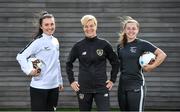 26 September 2019; Women's National Team Manager Vera Pauw with Niamh Farrelly of DCU, left, and Eleanor Ryan Doyle of TU Dublin during the RUSTLERS Third Level Football Launch at Campus Conference Centre, in FAI HQ, Dublin. Photo by David Fitzgerald/Sportsfile