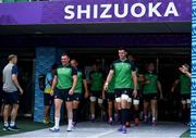 27 September 2019; Ireland players, from left, Dave Kilcoyne and James Ryan with head coach Joe Schmidt, left, as they make their way onto the pitch prior to during their captain's run at the Shizuoka Stadium Ecopa in Fukuroi, Shizuoka Prefecture, Japan. Photo by Brendan Moran/Sportsfile