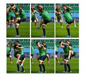 27 September 2019; (EDITOR'S NOTE: Composite Image) Sequence of photos shows Jack Carty climbing around team-mate James Ryan during their warm-up exercises at the Ireland Rugby captain’s run at the Yumeria Sports Grounds in Iwata, Shizuoka Prefecture, Japan. Photo by Brendan Moran/Sportsfile