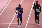 27 September 2019; Justin Gatlin of USA, left, on his way to winning his heat, ahead of Edward Osei-Nketia of New Zealand during the Men's 100m Round One during day one of the World Athletics Championships 2019 at the Khalifa International Stadium in Doha, Qatar. Photo by Sam Barnes/Sportsfile