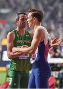 27 September 2019; Thomas Barr of Ireland, left, shakes hands with Karsten Warholm of Norway after competing in the Men's 400m Hurdles during day one of the World Athletics Championships 2019 at the Khalifa International Stadium in Doha, Qatar. Photo by Sam Barnes/Sportsfile