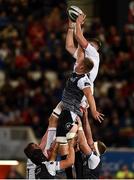 27 September 2019; Matthew Rea of Ulster taking the ball in the lineout against James King of Ospreys during the Guinness PRO14 Round 1 match between Ulster and Ospreys at Kingspan Stadium in Belfast. Photo by Oliver McVeigh/Sportsfile
