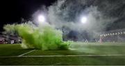 27 September 2019; Smoke flares on the pitch during the Extra.ie FAI Cup Semi-Final match between Bohemians and Shamrock Rovers at Dalymount Park in Dublin. Photo by Stephen McCarthy/Sportsfile