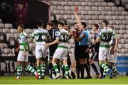 27 September 2019; Danny Mandroiu of Bohemians receives a red card from referee Rob Hennessy during the Extra.ie FAI Cup Semi-Final match between Bohemians and Shamrock Rovers at Dalymount Park in Dublin. Photo by Stephen McCarthy/Sportsfile