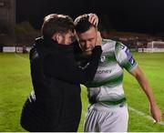 27 September 2019; Aaron Greene of Shamrock Rovers is congratulated by his manager Stephen Bradley after scoring his side's second goal during the Extra.ie FAI Cup Semi-Final match between Bohemians and Shamrock Rovers at Dalymount Park in Dublin. Photo by Seb Daly/Sportsfile